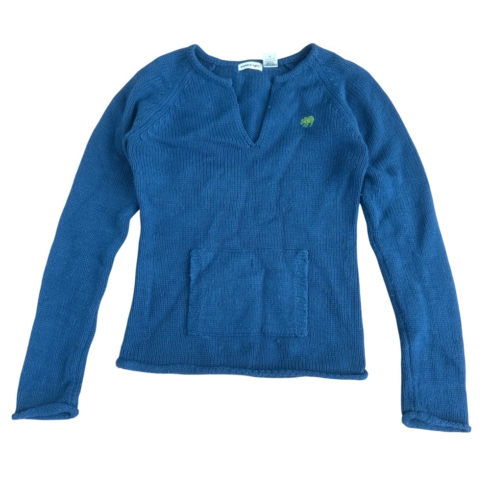 Y2K Energie Bear Embroidered Knit Sweater Kangaroo Pocket M Blue Twee Preppy